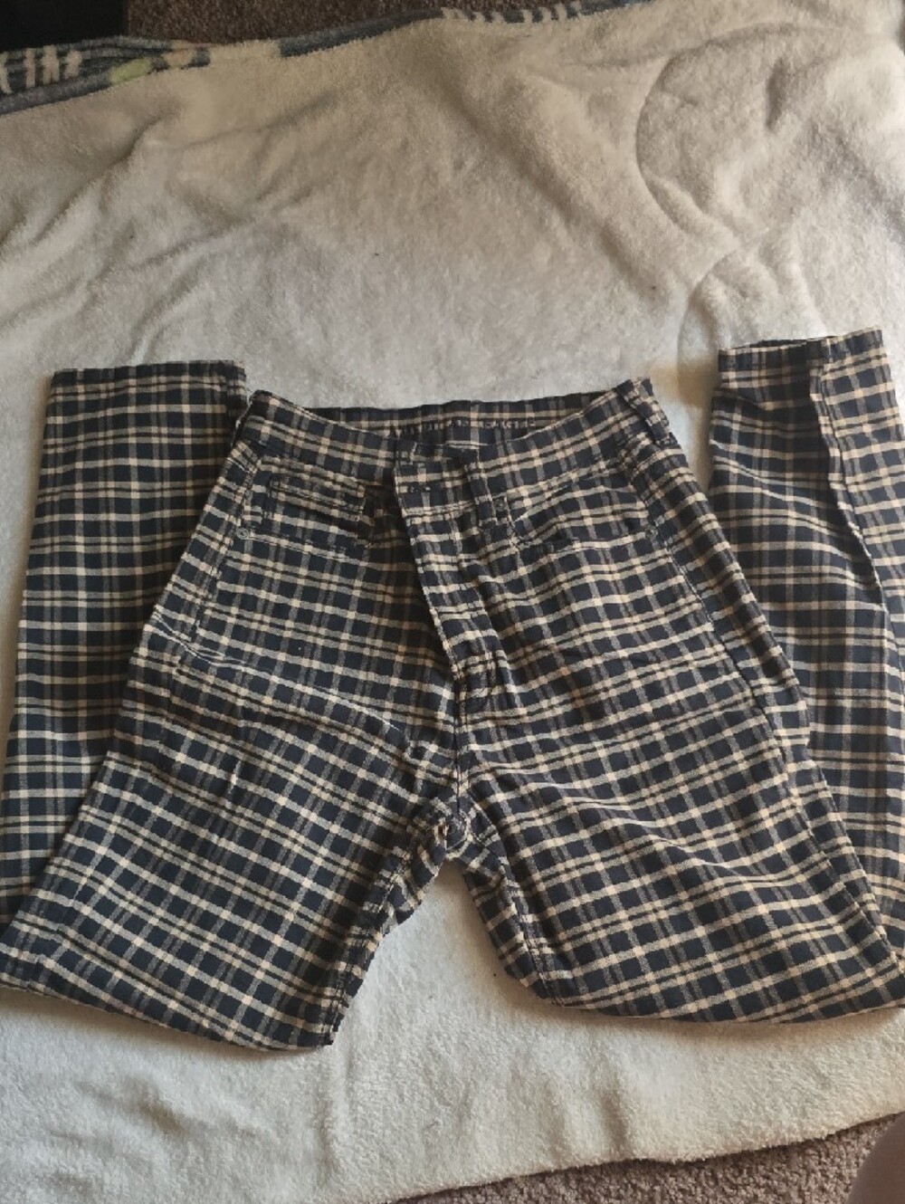 American Eagle Outfitters Navy and Cream Plaid Button-Fly Shirt